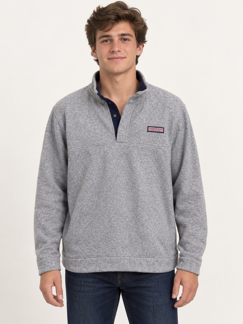 Vineyard Vines Men's Light Gray Half-Zip Pullover with Navy Trim